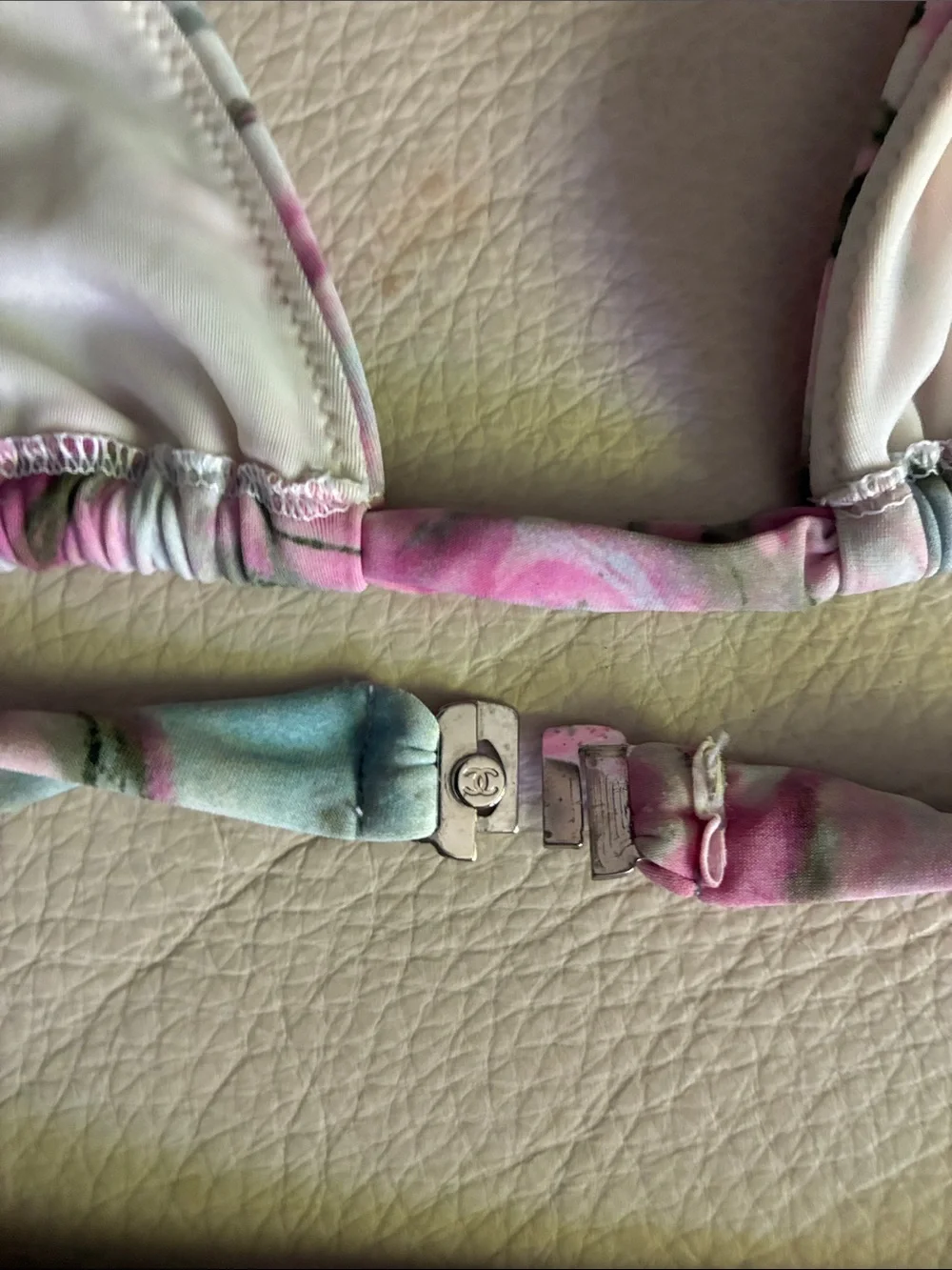 CHANEL Pastel Floral Triangle Bikini in Pink and Green